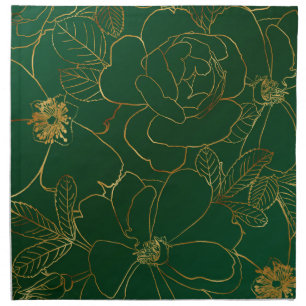 Elegant Green Gold Roses Floral Line Drawing Cloth Napkin