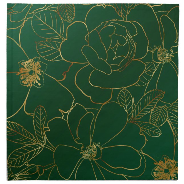 Elegant Green Gold Roses Floral Line Drawing Cloth Napkin (Front)
