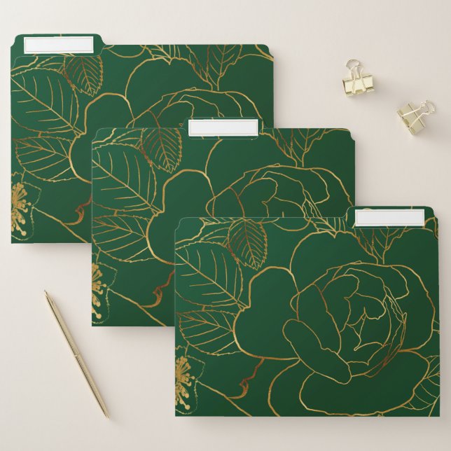 Elegant Green Gold Roses Floral Line Drawing File Folder (Set)