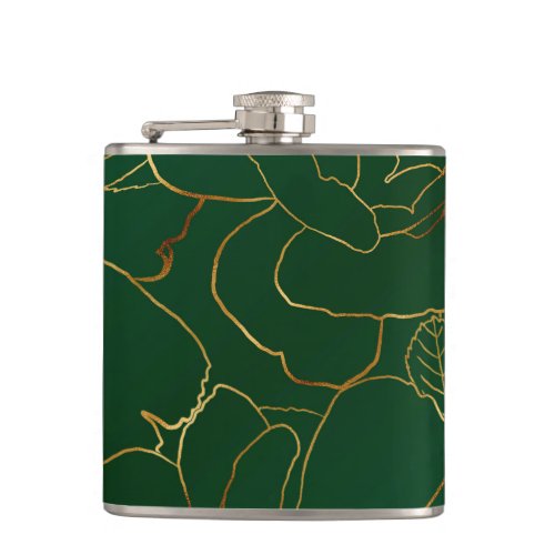 Elegant Green Gold Roses Floral Line Drawing Flask