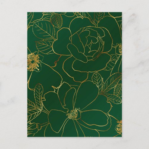 Elegant Green Gold Roses Floral Line Drawing Holiday Postcard
