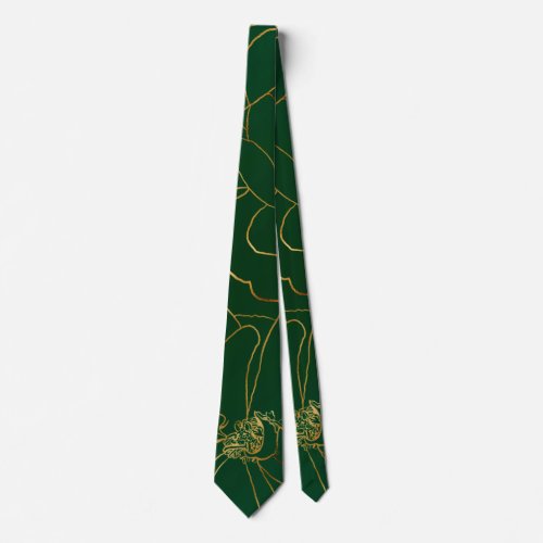 Elegant Green Gold Roses Floral Line Drawing Neck Tie