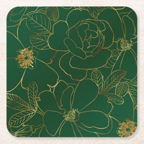 Elegant Green Gold Roses Floral Line Drawing Square Paper Coaster
