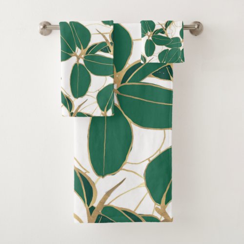 Elegant Green Gold Rubber Plant Foliage Design Bath Towel Set