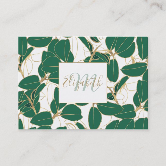 Elegant Green Gold Rubber Plant Foliage Design Business Card (Front)