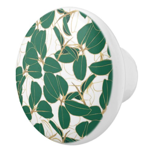 Elegant Green Gold Rubber Plant Foliage Design Ceramic Knob