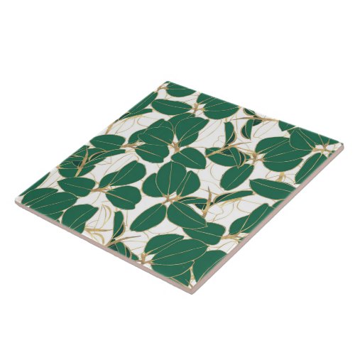 Elegant Green Gold Rubber Plant Foliage Design Ceramic Tile