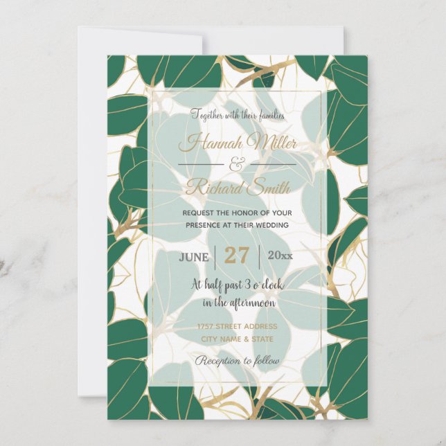 Elegant Green Gold Rubber Plant Foliage design Invitation (Front)