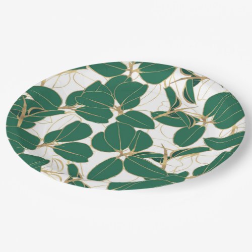 Elegant Green Gold Rubber Plant Foliage Design Paper Plates