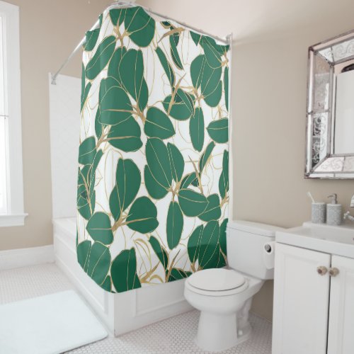 Elegant Green Gold Rubber Plant Foliage Design Shower Curtain