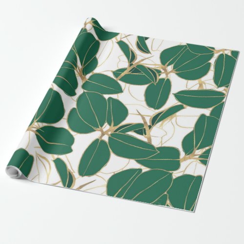Elegant Green Gold Rubber Plant Foliage Design Wrapping Paper