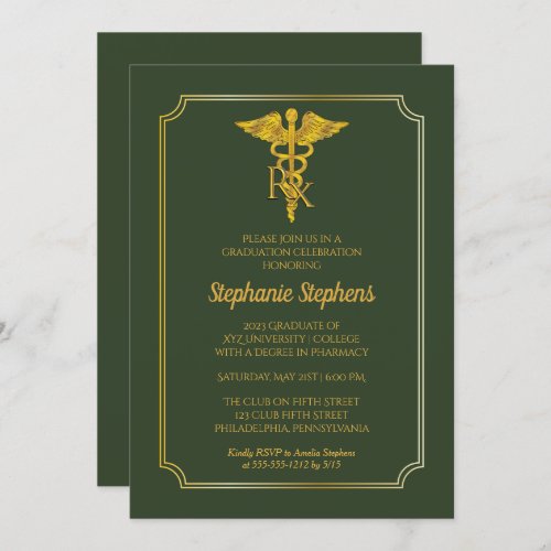 Elegant Green  Gold Rx Pharmacy Graduation Party Invitation