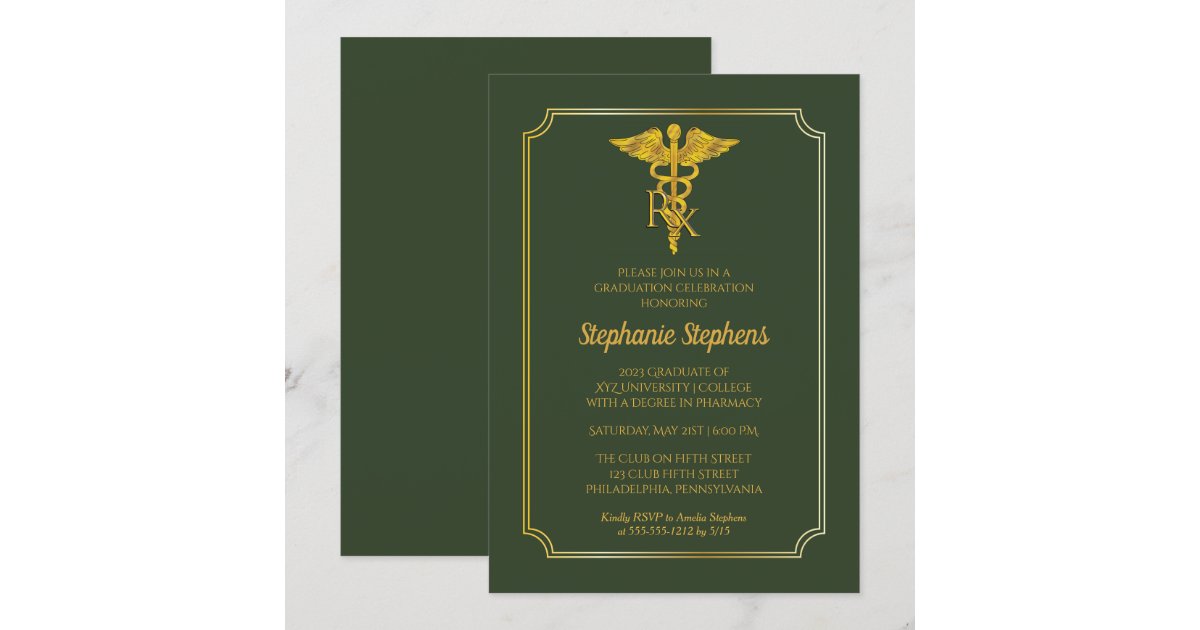 Elegant Green Gold Rx Pharmacy Graduation Party Invitation Zazzle