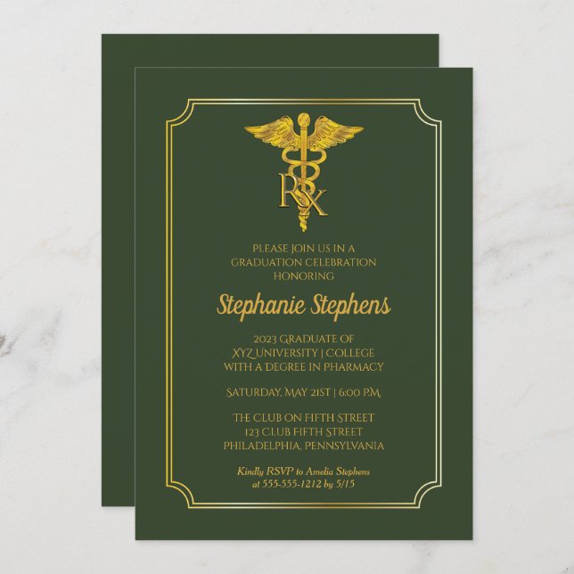 Elegant Green | Gold Rx Pharmacy Graduation Party Invitation (Front/Back)