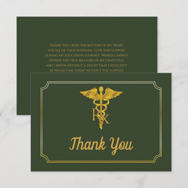 Elegant Green | Gold Rx Pharmacy Graduation  Thank You Card (Front/Back)