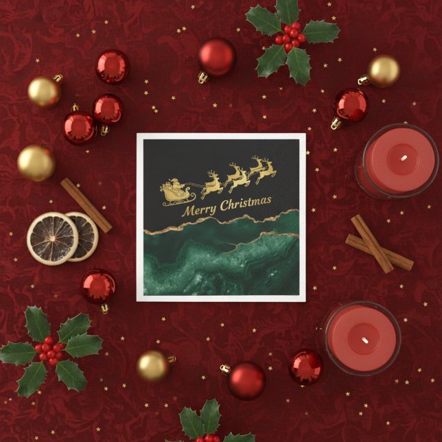 Elegant Green Gold Santa Sleigh Merry Christmas Napkins (Creator Uploaded)