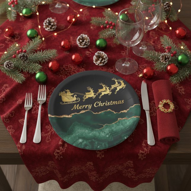 Elegant Green Gold Santa Sleigh Merry Christmas Paper Plates (Creator Uploaded)