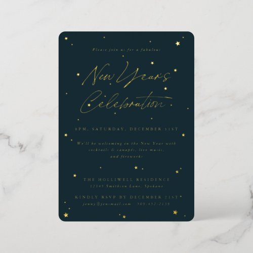 Elegant GreenGold Scattered Stars New Year Party Foil Invitation