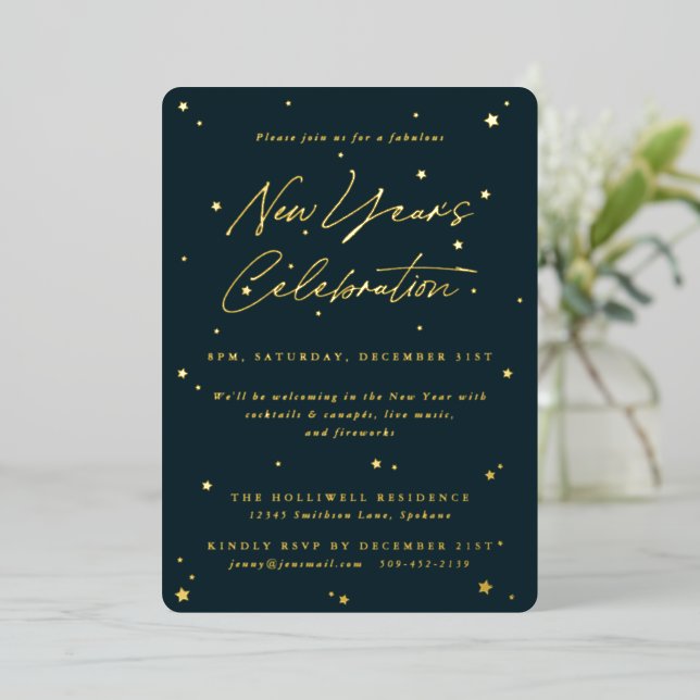 Elegant Green+Gold Scattered Stars New Year Party Foil Invitation (Standing Front)