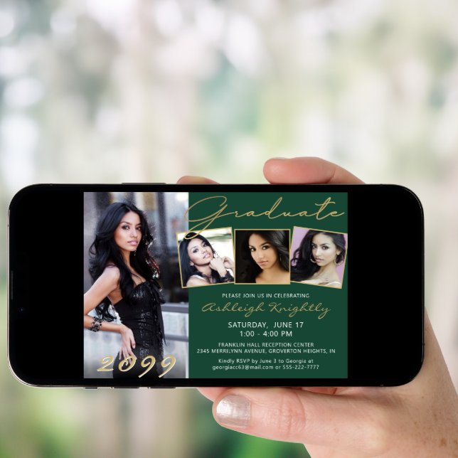 Elegant Green Gold Script 4 Photo Graduate Invitation (Front Digital)