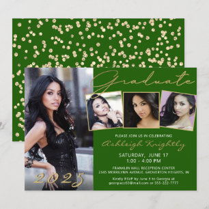 Elegant Green Gold Script 4 Photo Graduate Invitation
