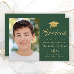 Elegant Green Gold Script Cap Photo Graduation Announcement