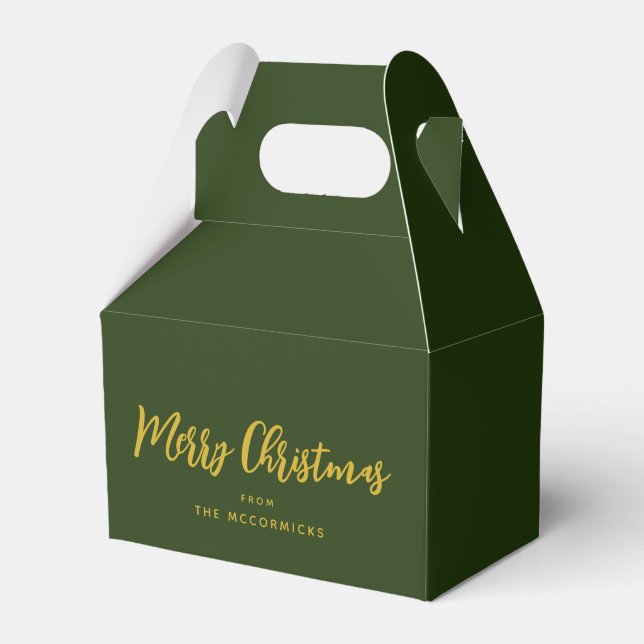 Elegant Green Gold Script Christmas Personalized Favor Boxes (Front Side)