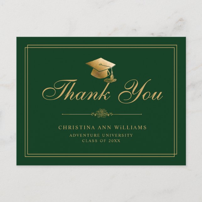 Elegant Green Gold Script Graduation Thank You Postcard (Front)
