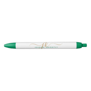 Elegant Green Gold Script Monogram Initials Name Pen