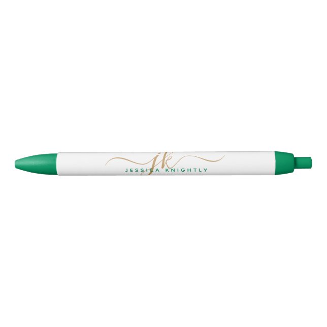 Elegant Green Gold Script Monogram Initials Name Pen (Front)