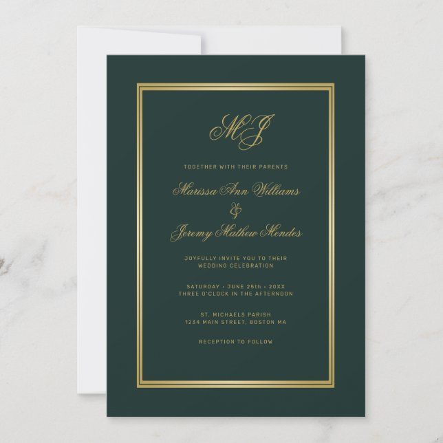 Elegant Green Gold Script Monogram Wedding Invitation (Front)