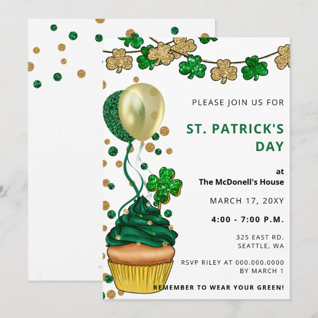 Elegant Green Gold Shamrock St Patricks Day Invitation (Front/Back)