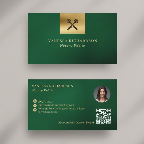 Elegant Green  Gold Skeleton Key Notary Public QR Business Card