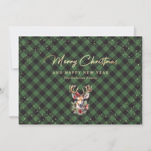 Elegant Green Gold Snow Reindeer Merry Christmas Holiday Card