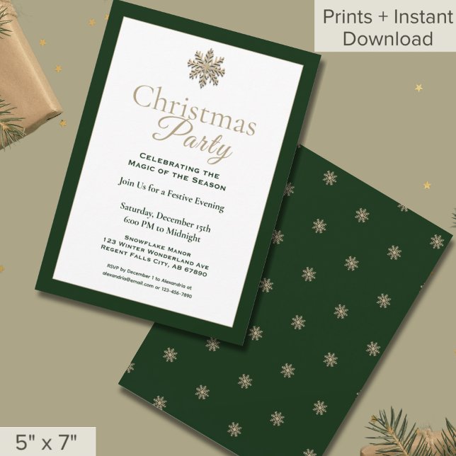 Elegant Green Gold Snowflake Christmas Party  Invitation (Creator Uploaded)