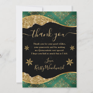 Elegant Green & Gold Snowflake Quinceanera Thank You Card