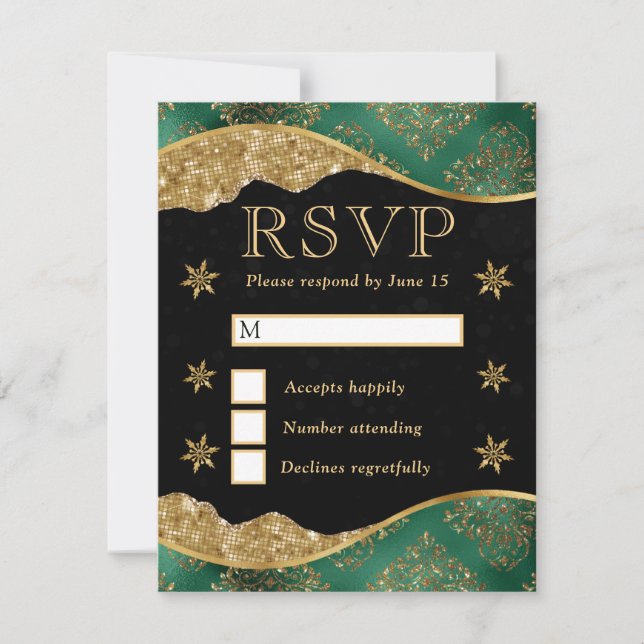 Elegant Green & Gold Snowflake Wedding RSVP Card (Front)
