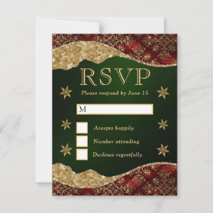 Elegant Green & Gold Snowflake Wedding RSVP Card