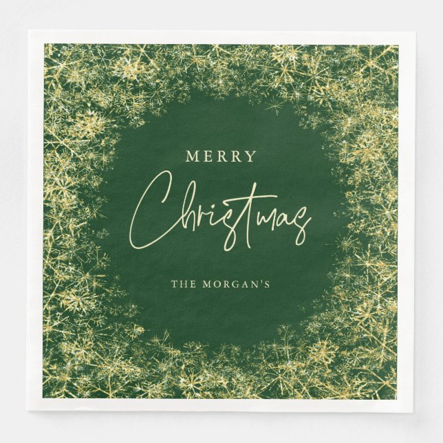 Elegant Green Gold Snowflakes Christmas  Paper Dinner Napkins (Front)