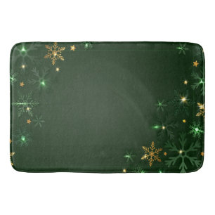 Elegant Green Gold Snowflakes Holiday  Bath Mat