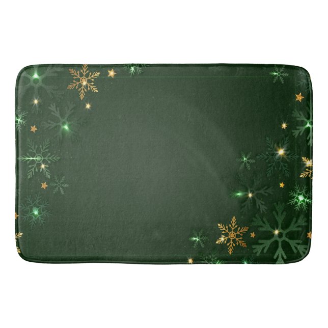 Elegant Green Gold Snowflakes Holiday  Bath Mat (Front)
