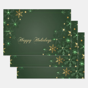 Elegant Green Gold Snowflakes Holiday Wrapping Paper Sheets