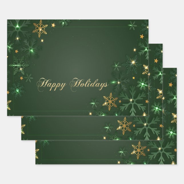 Elegant Green Gold Snowflakes Holiday  Wrapping Paper Sheets (Set)