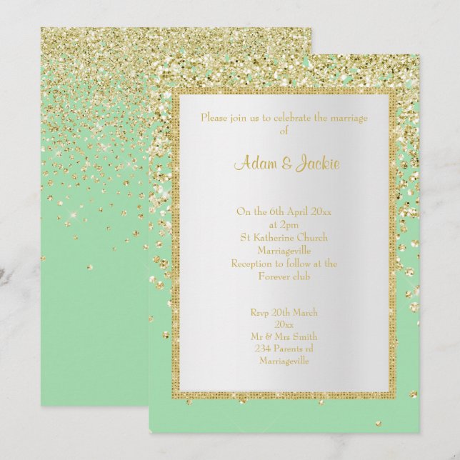 ELEGANT GREEN GOLD SPARKLE WEDDING CUSTOM INVITATION (Front/Back)