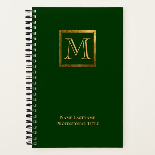Elegant Green Gold Square Monogram Wide Ruled Notebook