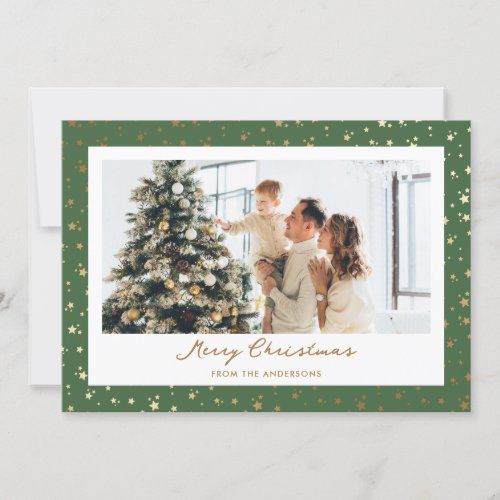 Elegant Green Gold Stars Photo Merry Christmas Holiday Card