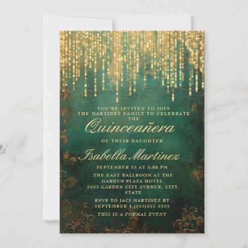 Elegant Green Gold String Lights Quinceaera Invitation