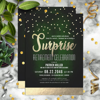 Elegant Green & Gold Surprise Retirement Party Invitation