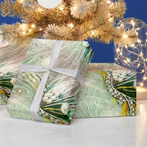 Elegant Green  Gold Swirled Floral Beads Pearl Wrapping Paper