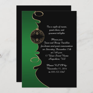 Elegant Green Gold Swirls Black Christmas Party Invitation